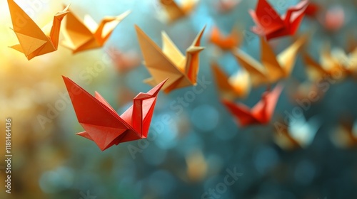 Colorful paper butterflies and flowers arranged in decorative art composition