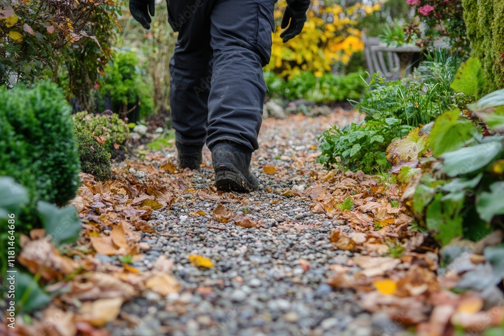 Person Walking on a Leaf-Covered Garden Path Person Walking on a Leaf-Covered Garden Path