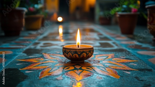 Beautiful diya lamps surrounded by petals create a serene atmosphere during a...