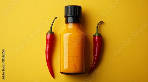 Spicy hot sauce with red chili peppers on a bold yellow background