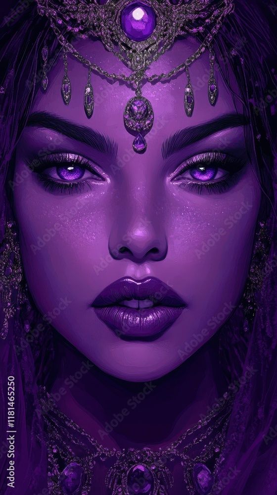 Purple Jewel Encrusted Woman Portrait Artistic Rendering Purple Jewel Encrusted Woman Portrait Artistic Rendering
