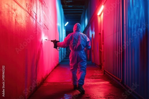 Painter Spraying Wall in Colorful Lighted Corridor photo