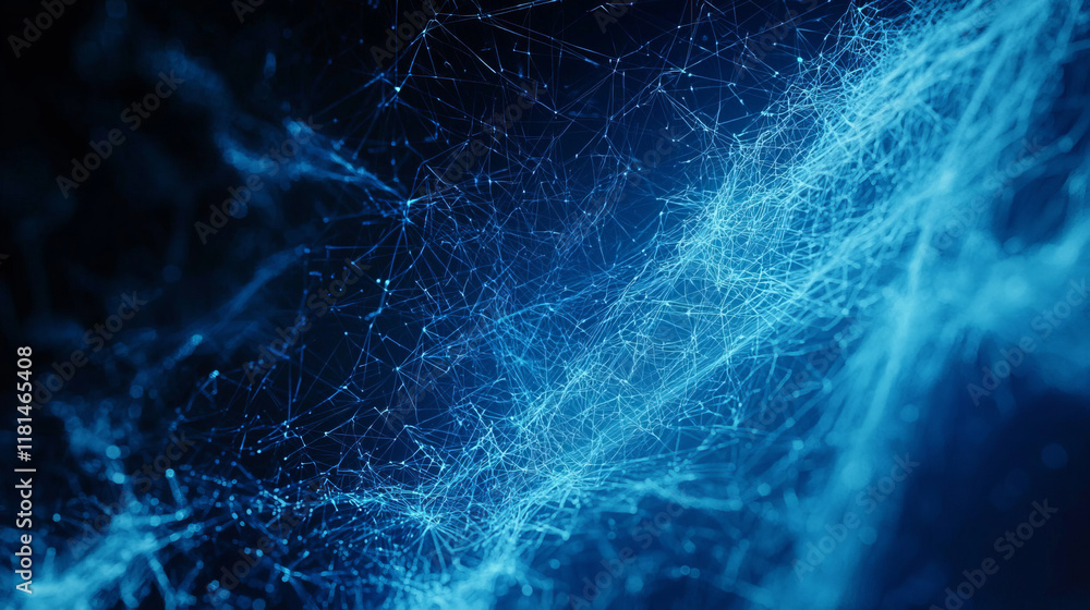 Abstract blue network of interconnected fibers and particles in motion Abstract blue network of interconnected fibers and particles in motion