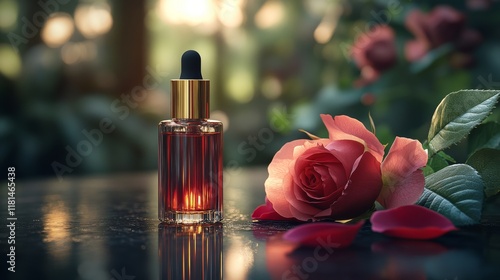 Elegant glass bottle with rose petals and fresh roses on a dark countertop in...