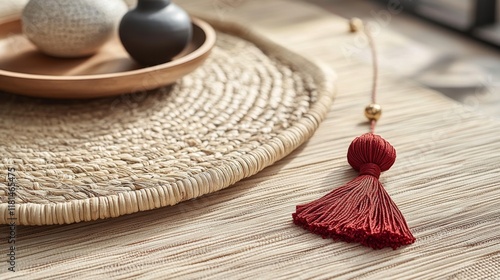 Beautiful vase with red tassel and flowers on a wooden floor in a bright, ser...
