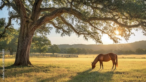 Horse grazing in sunset pasture, Texas Hill Country.  Peaceful ranch scene, ideal for tourism.