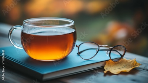 Warm cup of tea beside glasses and a book in a cozy autumn setting