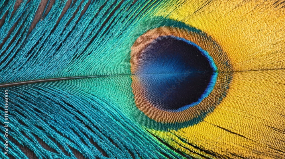 Obraz premium Explore the detailed textures and striking colors of a peacock feather, highlighting shades of blue, green, and yellow in sunlight