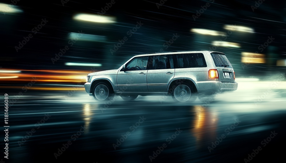 Silver SUV in Motion, Nighttime City Drive Blur with Space for Text, Automotive Photography Silver SUV in Motion, Nighttime City Drive Blur with Space for Text, Automotive Photography