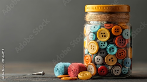 Colorful buttons arranged in a jar surrounded by flowers and plants on a gray...