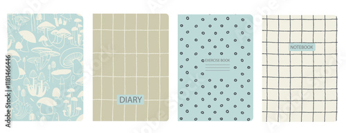 Cover page templates based on patterns with hand drawn Mushrooms, Toadstool. Backgrounds for notebooks, notepads, diaries