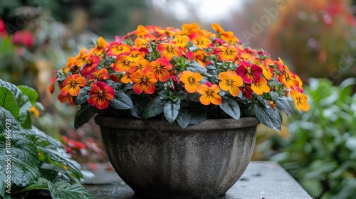 Vibrant display of orange and yellow flowers in a garden pot during autumn