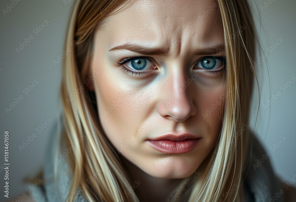 Female, Nordic blond person with sad and frustrated expression Female, Nordic blond person with sad and frustrated expression