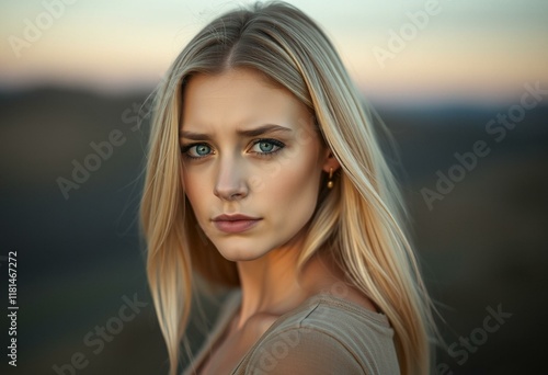 A portrait of a Nordic blond female with a subtle scowl and a hint of sadness