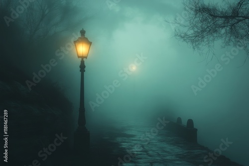 Mysterious street lamp illuminating foggy night