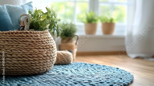 Cozy yarn basket by the window with autumn view and blooming flowers