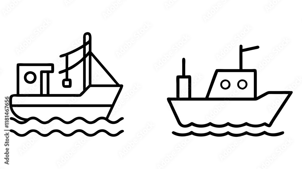 fishing boat icon, vehicle line art, vehicle vector - simple black line art icon of fishing boat perfect for logos, and vehicle-themed designs. fishing boat icon, vehicle line art, vehicle vector - simple black line art icon of fishing boat perfect for logos, and vehicle-themed designs.