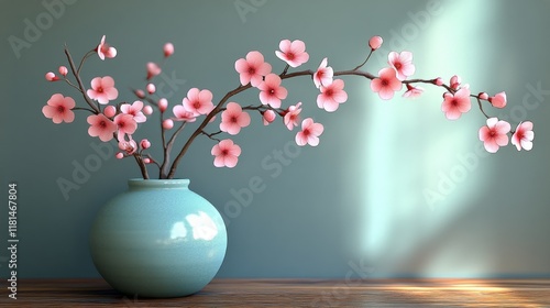 Cherry blossom branches in a vase on a wooden table against a textured wall