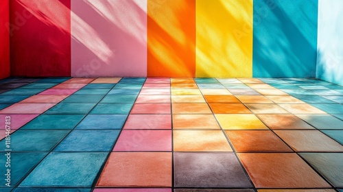 Vibrant colored tiles arranged artistically on a floor in a contemporary space