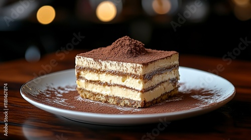 Creamy dessert with layers of cocoa and whipped cream served in glass at a co...