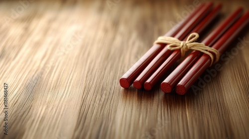 Red chopsticks tied together on a wooden table surface