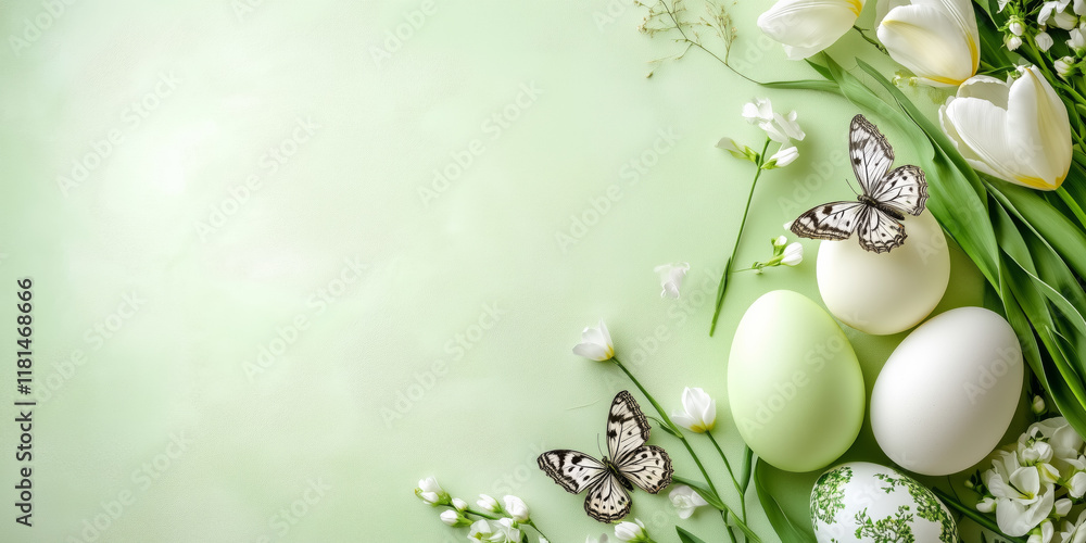 Easter eggs and tulip flowers greeting card with copyspace copy space on light green background decoration banner