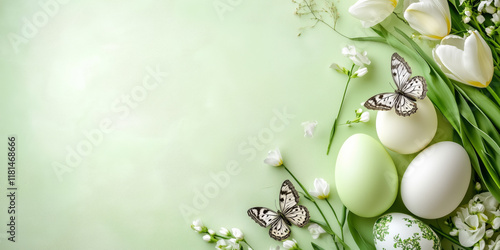 Obraz na płótnie Easter eggs and tulip flowers greeting card with copyspace copy space on light green background decoration banner w salonie
