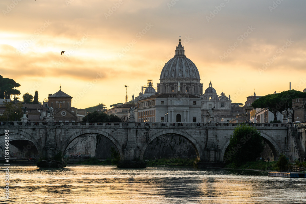 Majestic Sunset Over the Tiber River and Vatican City in Rome Majestic Sunset Over the Tiber River and Vatican City in Rome