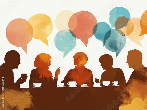 Colorful social gathering with speech bubbles depicting communication and connection