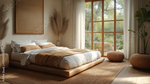 Cozy modern bedroom with natural light and minimalist decor featuring wooden ...