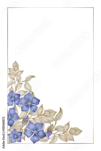 Invitation card with colorful periwinkle flower, Vinca watercolor botanical drawing