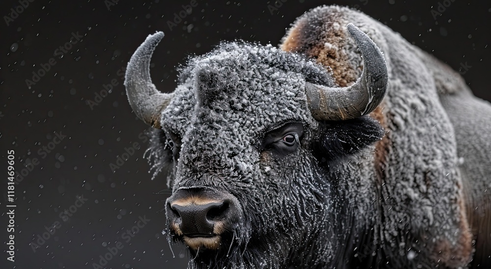 Naklejka premium Frosted bison portrait, snowy background, winter wildlife.