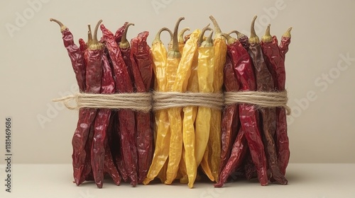 Red chili peppers tied with twine on a black background highlighting their vi...