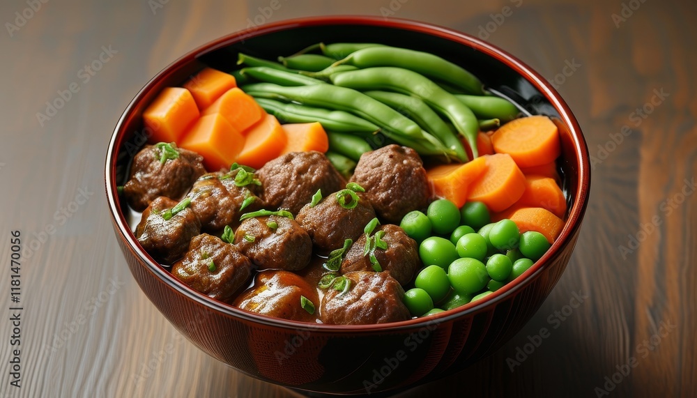 Delicious Nikujaga Bowl with Colorful Toppings of Vegetables and Meatballs in Japanese Style Delicious Nikujaga Bowl with Colorful Toppings of Vegetables and Meatballs in Japanese Style