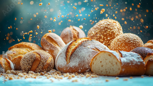 Close-up of baked goods: golden buns with sesame seeds, flying bread crumbs, soft blue background.
 photo