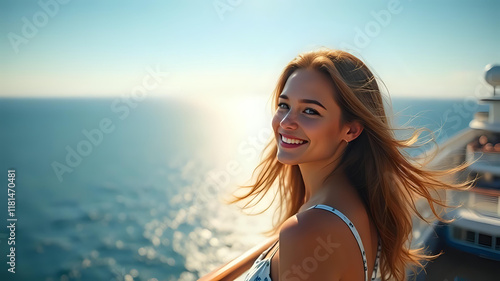 giovane donna con un sorriso radioso sulla terrazza di una nave da crociera, i suoi capelli fluttuano dolcemente nella brezza marina mentre ammira la vista panoramica dell'oceano scintillante photo