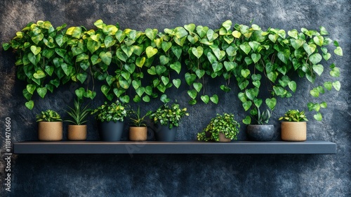 Lush green plants cascading over a black shelf against a dark green wall in a...