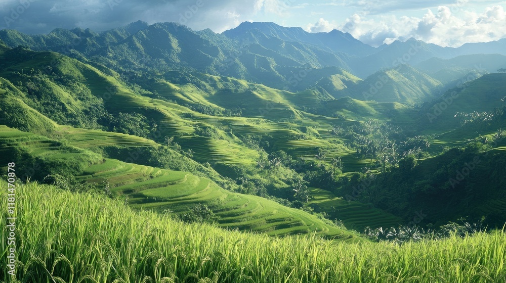 Expansive rice terraces with lush greenery cascading down the mountainside Expansive rice terraces with lush greenery cascading down the mountainside