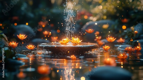 Serene garden fountain surrounded by blooming flowers at sunset