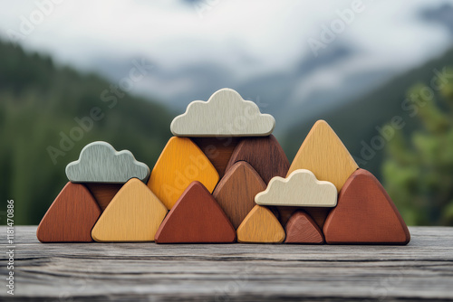 Handcrafted wooden toy shapes resembling mountains and clouds, resting on a reclaimed wood surface. photo