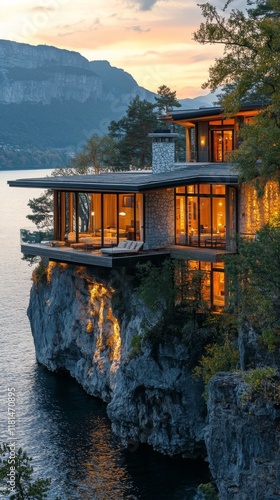 Modern cliffside home with stunning views at sunset near a serene lake