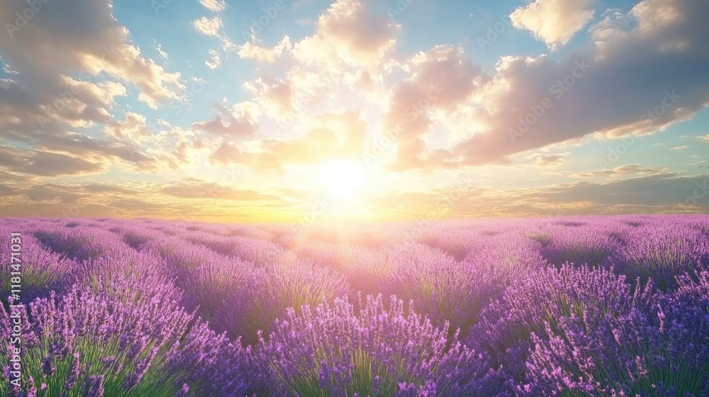 Expansive lavender field in full bloom under a bright summer sky Expansive lavender field in full bloom under a bright summer sky