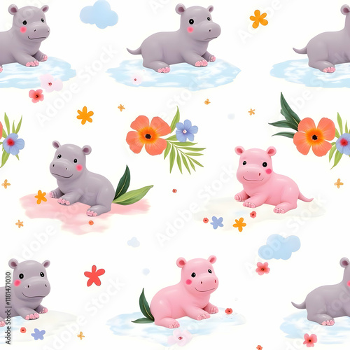 Seamless pattern of baby hippopotamus cute photo