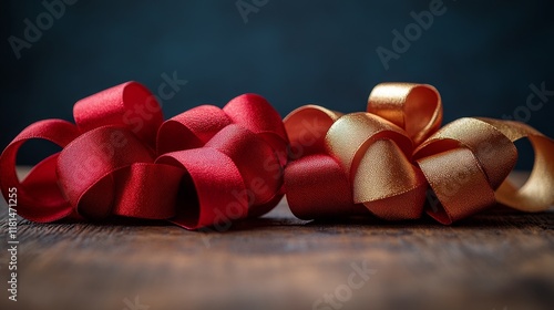 Gift wrapping accessories with red and gold ribbons on a wooden surface