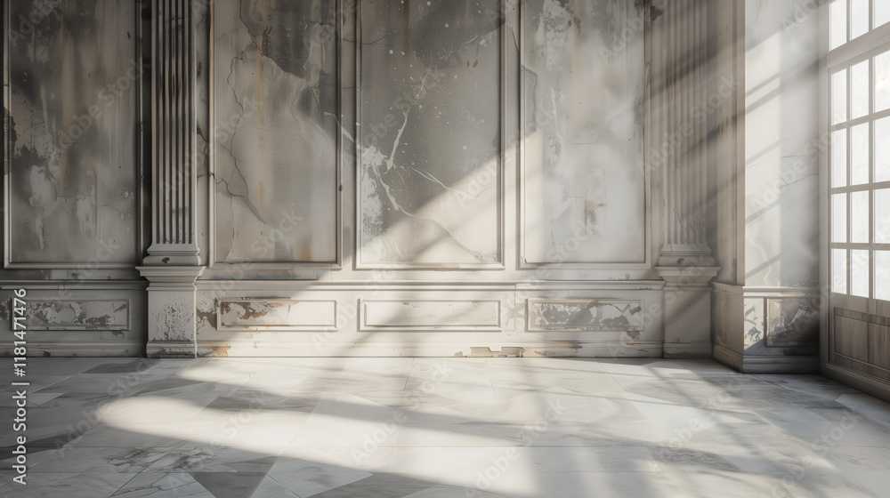Sunlit Abandoned Ballroom with Distressed Walls and Marble Floor in Vintage Architecture Photograph Sunlit Abandoned Ballroom with Distressed Walls and Marble Floor in Vintage Architecture Photograph