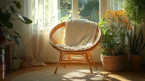 Cozy indoor space with a wicker chair surrounded by plants and natural light