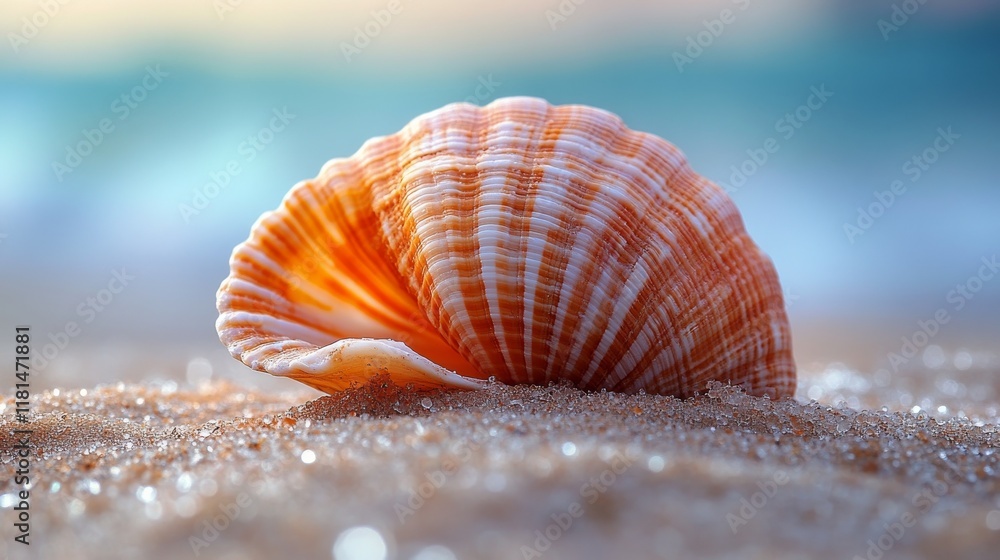 Beautiful orange shell resting on sandy beach near calm blue ocean Beautiful orange shell resting on sandy beach near calm blue ocean
