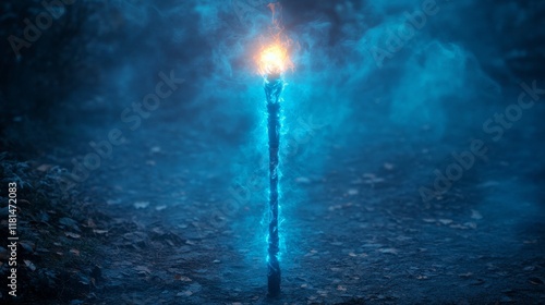 Flame ignites from a mystical torch surrounded by ethereal smoke in a dark se...