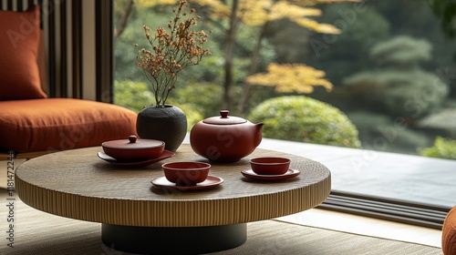 Elegant tea setting with cherry blossom decoration in a modern tea room