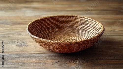 Woven rattan bowl placed on a wooden surface against a plain wall in a well-l...